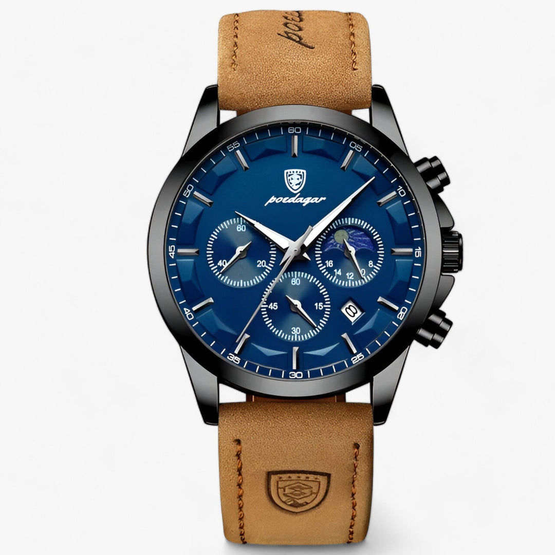 Męski wodoodporny zegarek chronograf z luminescencyjną tarczą i skórzanym paskiem
