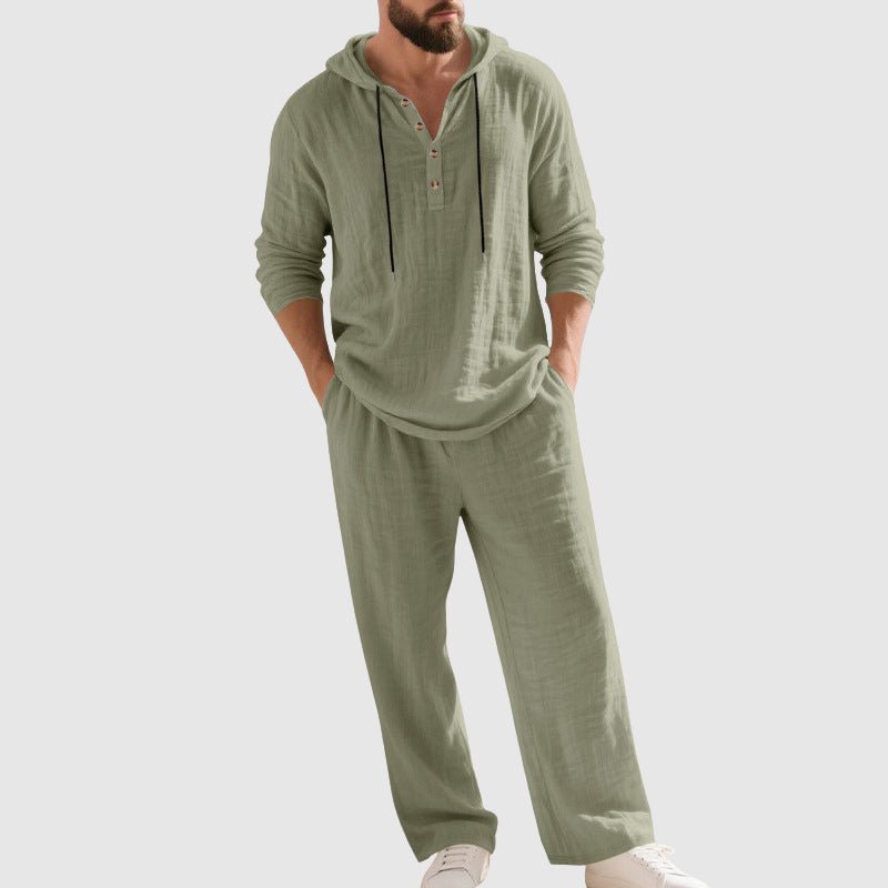 Męski Zestaw Loungewear z Lnu z Kapturem – Oddychający Top Henley i Spodnie z Troczkami na Wiosnę i Lato