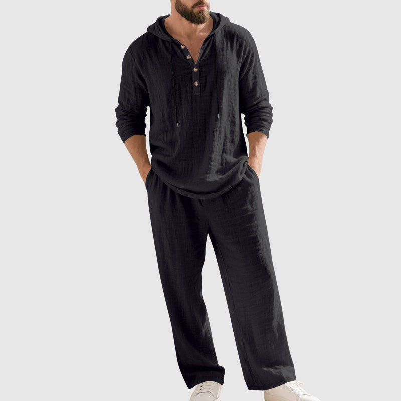 Męski Zestaw Loungewear z Lnu z Kapturem – Oddychający Top Henley i Spodnie z Troczkami na Wiosnę i Lato