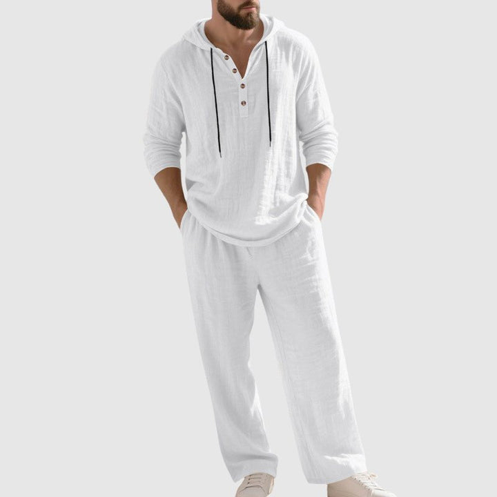 Męski Zestaw Loungewear z Lnu z Kapturem – Oddychający Top Henley i Spodnie z Troczkami na Wiosnę i Lato