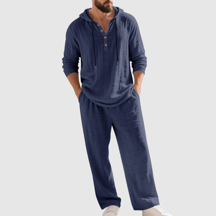 Męski Zestaw Loungewear z Lnu z Kapturem – Oddychający Top Henley i Spodnie z Troczkami na Wiosnę i Lato