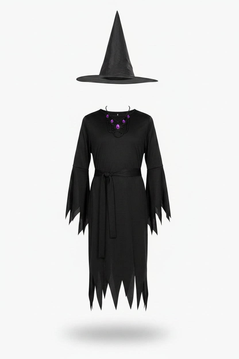 Czarny Kostium Czarownicy dla Dzieci z Kapeluszem i Paskiem na Halloween