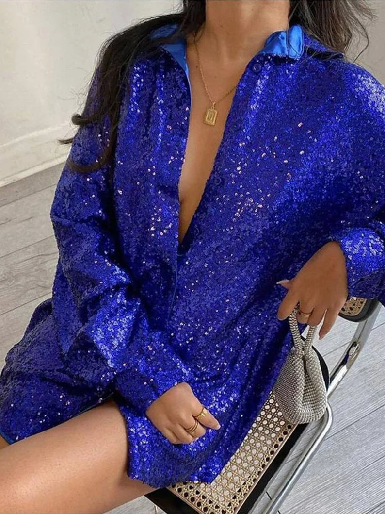 Koszula Bluzka z Dżetami w Stylu Oversize dla Kobiet, Błyszcząca, z Długim Rękawem, Idealna na Przyjęcia