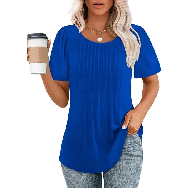 Kobieta T-shirt z plisowanym przodem i krótkim rękawem, okrągły dekolt