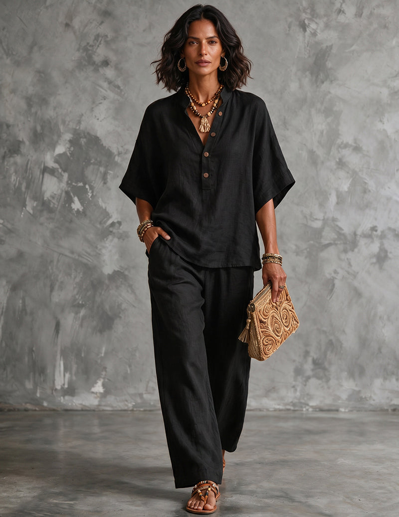 Zestaw bluzki z rękawami typu batwing i spodni z lnu dla kobiet