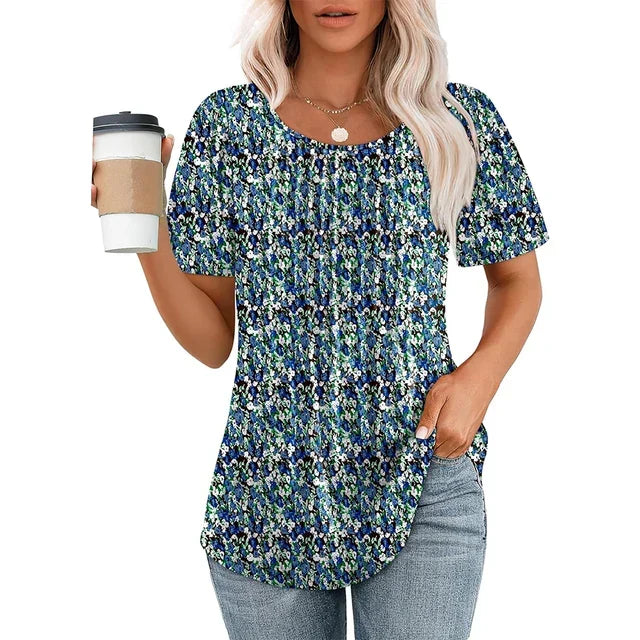 Kobieta T-shirt z plisowanym przodem i krótkim rękawem, okrągły dekolt