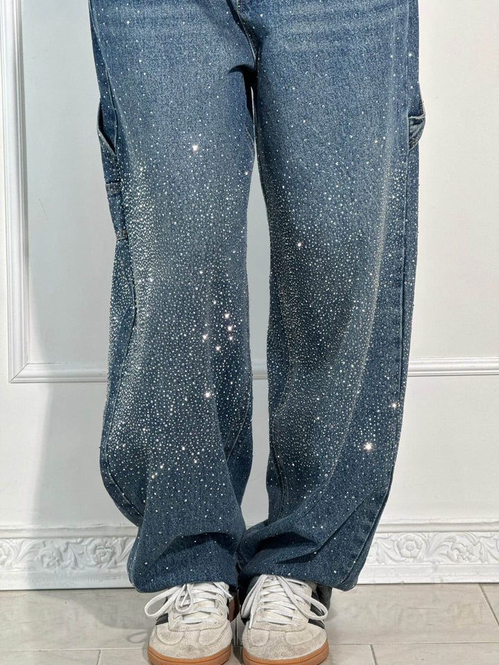 Damskie dżinsy o wysokim stanie i prostych nogawkach z kryształowymi detalami – Vintage Denim Look na każdą porę roku i bezwysiłkową elegancję