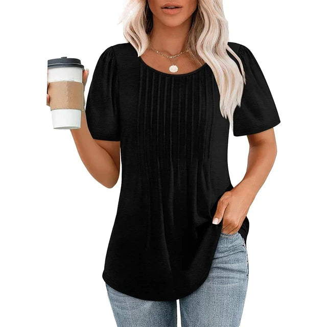 Kobieta T-shirt z plisowanym przodem i krótkim rękawem, okrągły dekolt