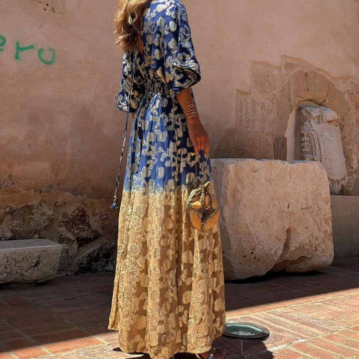 Damska Złota Botaniczna Ombre Maxi Kaftan Sukienka Wieczorowa