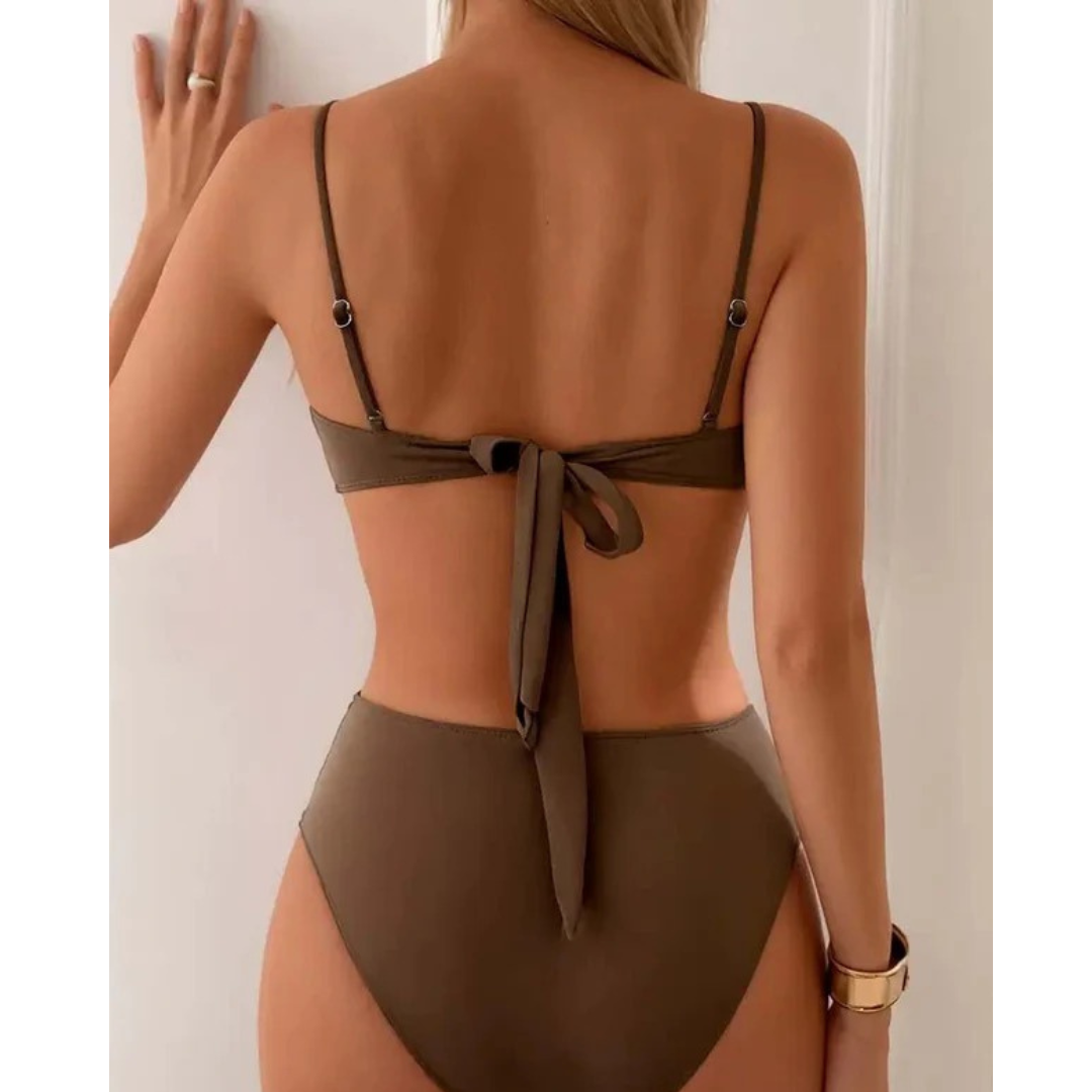 Kobiece Bikini Bandeau z Marszczeniem – Dwuczęściowy Strój Kąpielowy z Wysokim Stanem na Plażę i Basen