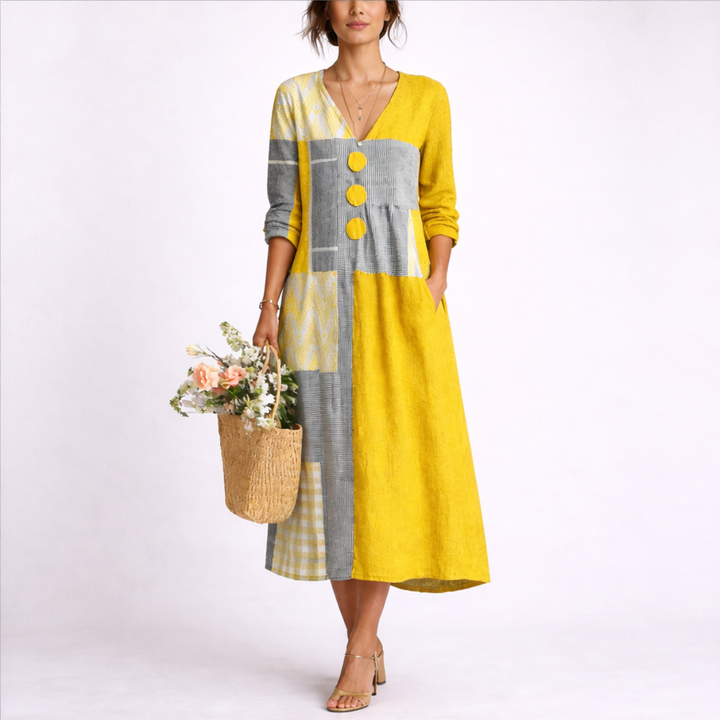 Sukienka Midi w Stylu Patchwork z Guzikami, Luźny Krój