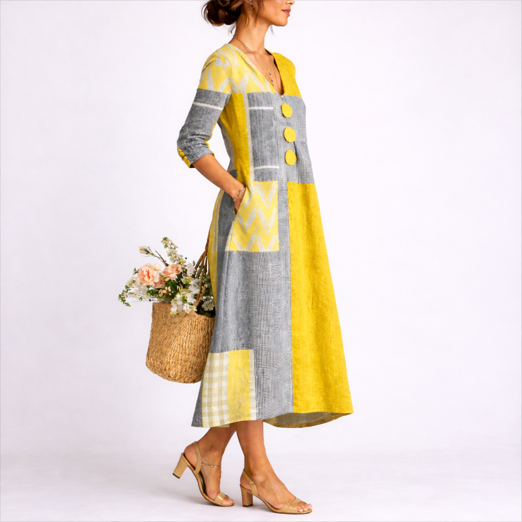 Sukienka Midi w Stylu Patchwork z Guzikami, Luźny Krój