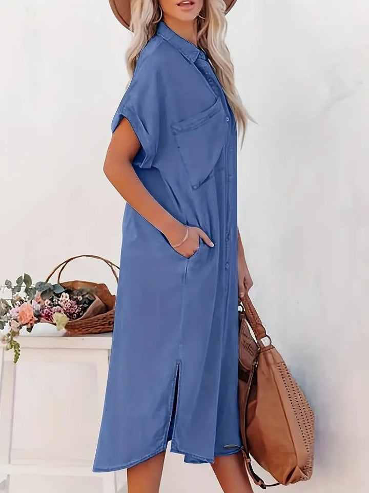 Damska Sukienka Koszulowa z Guzikami, Z Bocznych Rozcięciami i Kieszeniami, Wygodna, Casualowa, Elegancka Sukienka na Co Dzień