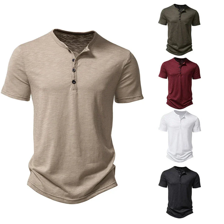 Męska koszulka T-shirt z dekoltem Henley, z guzikiem, casualowa, slim fit, wygodna, na co dzień, krótki rękaw