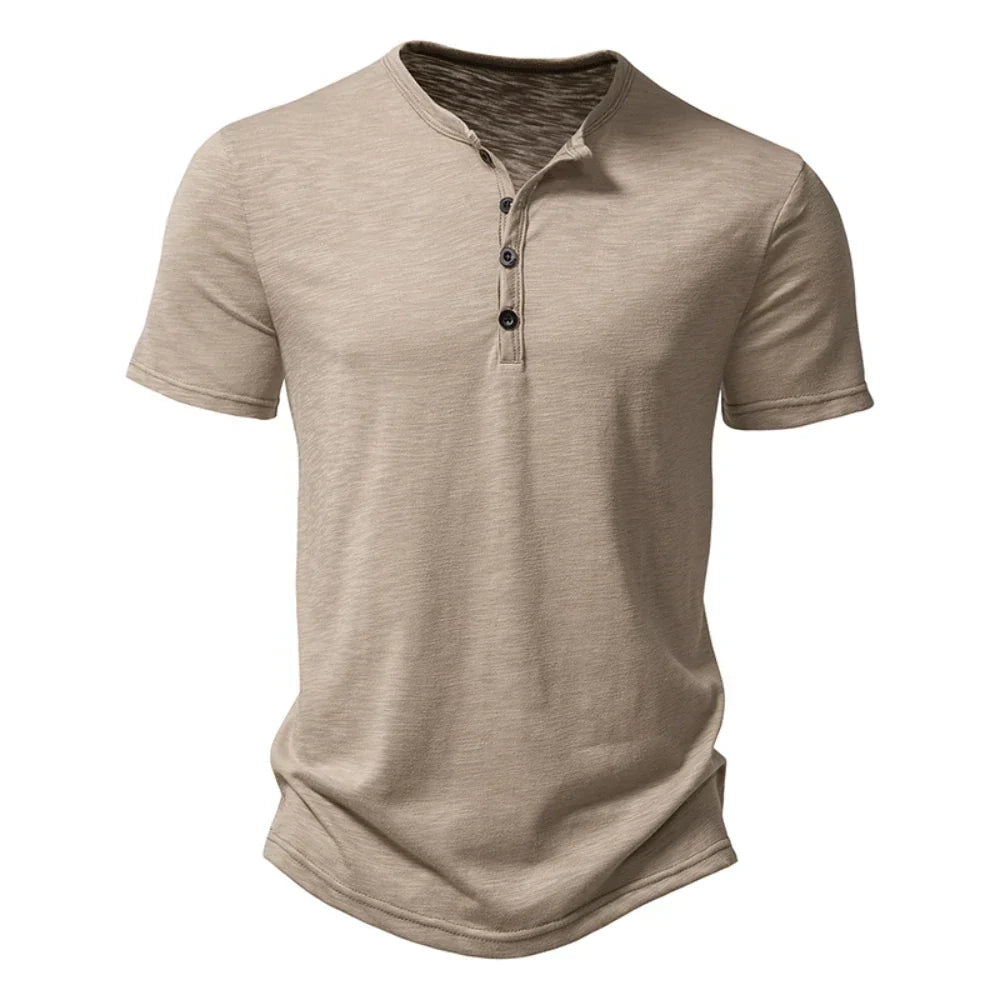 Męska koszulka T-shirt z dekoltem Henley, z guzikiem, casualowa, slim fit, wygodna, na co dzień, krótki rękaw