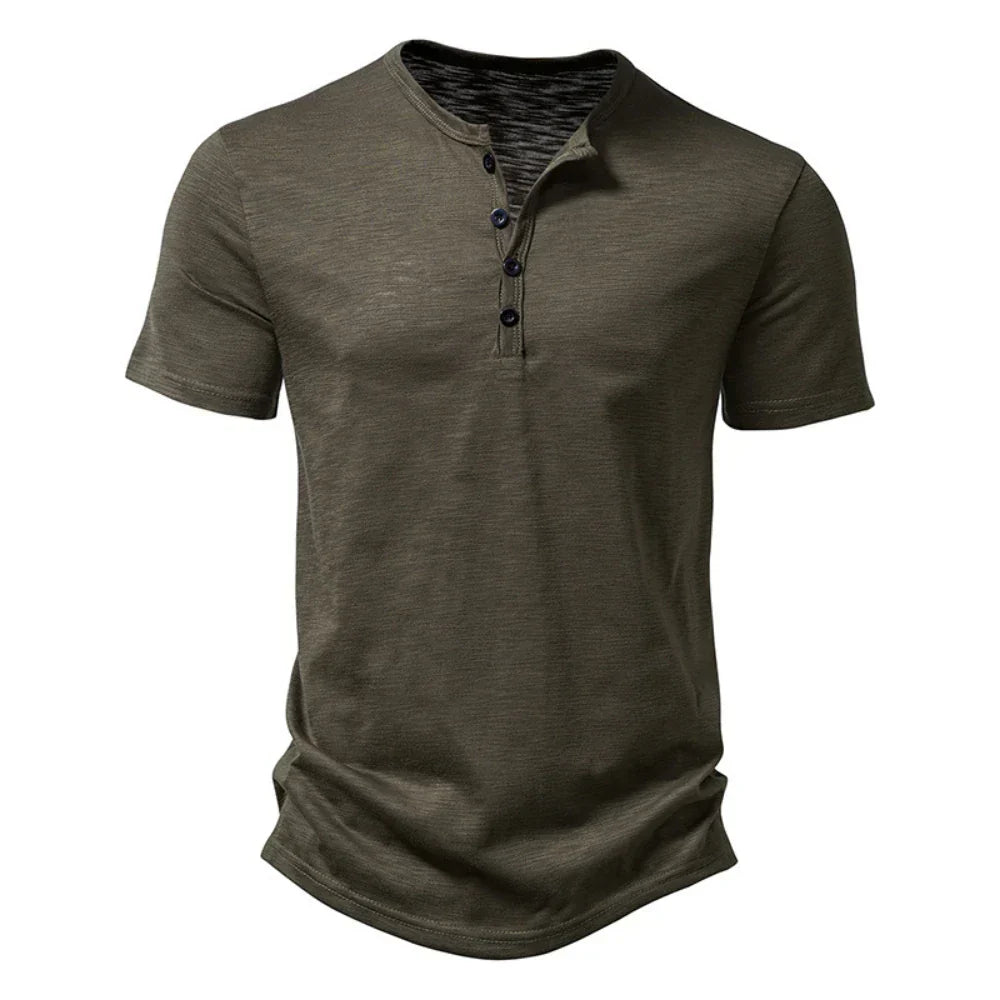 Męska koszulka T-shirt z dekoltem Henley, z guzikiem, casualowa, slim fit, wygodna, na co dzień, krótki rękaw