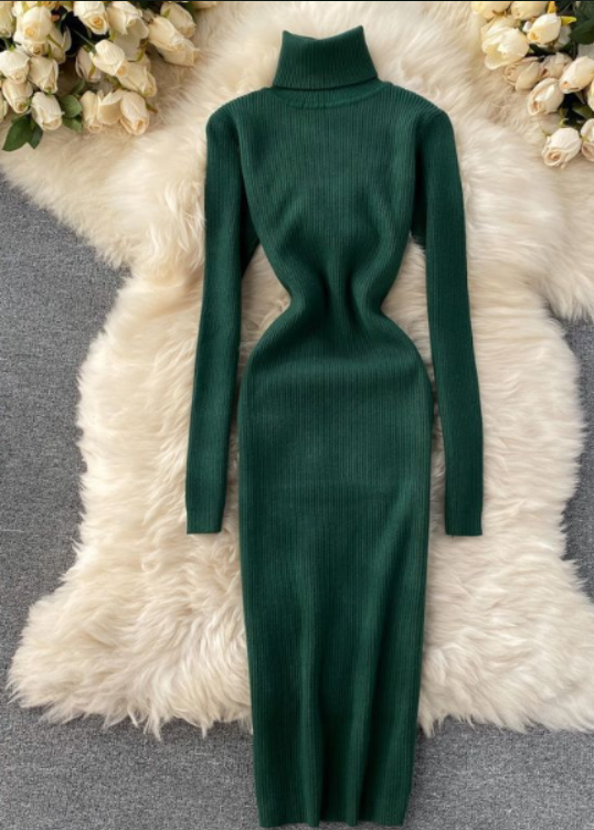 Damska Sukienka Maxi z Żebrowanym Wykończeniem i Golfem – Slim Long Sleeve Style na Jesień i Zimę