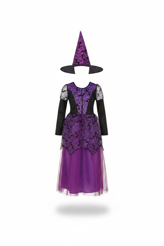 Dziecięcy Fioletowy Kostium Czarownicy z Nietoperzem i Czapką na Halloween
