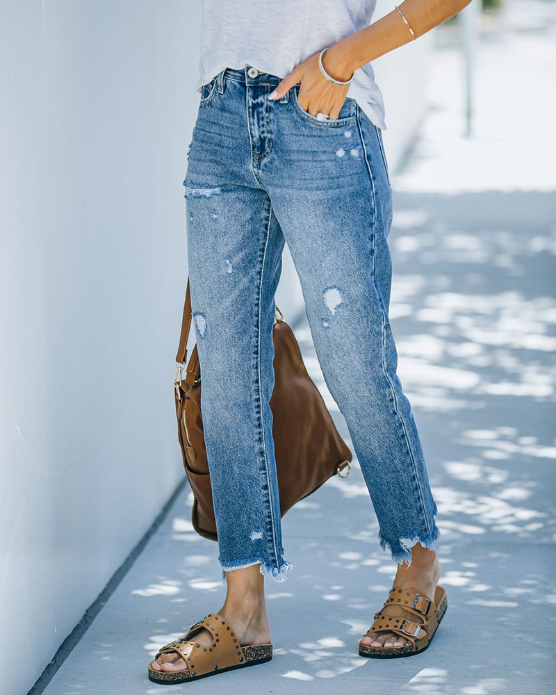 Damskie Jeansy Cropped Proste z Przetarciami i Postrzępionym Dołem Casual Chic Codzienne Spodnie Dżinsowe