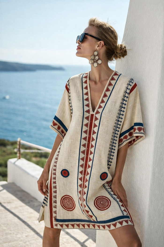 Kobiece Mini Sukienka Kaftan z Wydrukiem w Serek