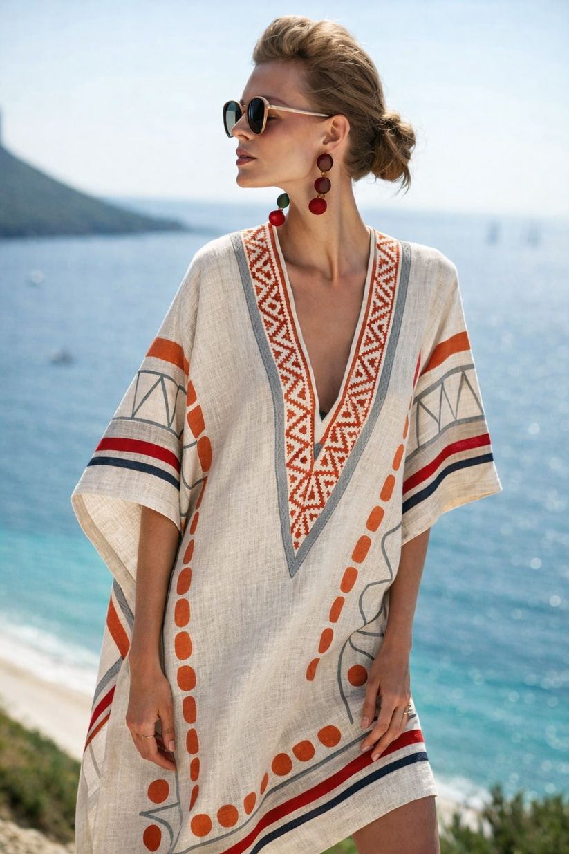 Kobiece Mini Sukienka Kaftan z Wydrukiem w Serek