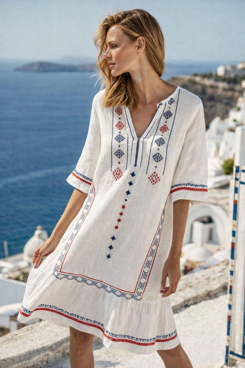 Kobiece Mini Sukienka Kaftan z Wydrukiem w Serek