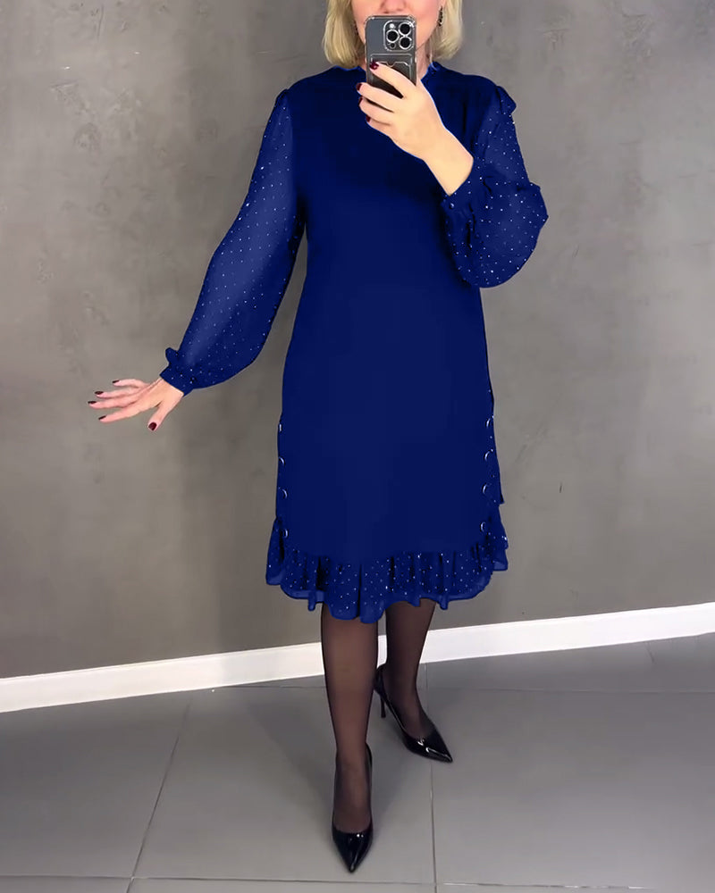 Długa sukienka w kropki z długim rękawem dla kobiet, elegancka, casualowa, do kolan, idealna na co dzień