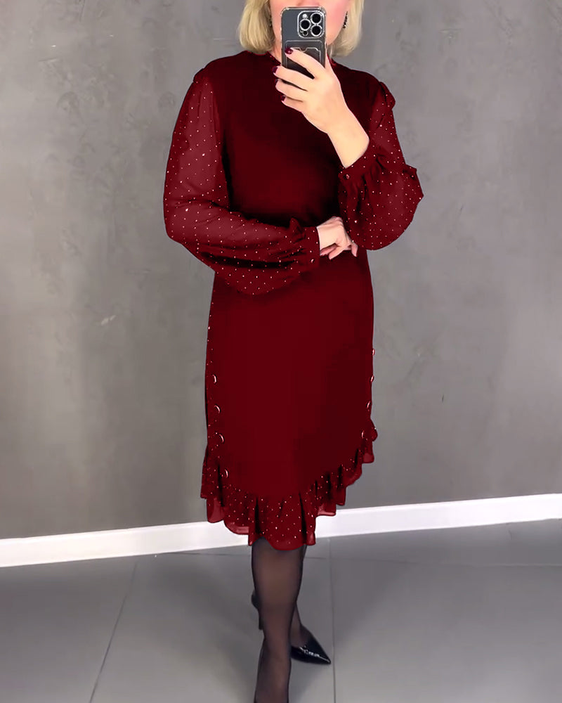 Długa sukienka w kropki z długim rękawem dla kobiet, elegancka, casualowa, do kolan, idealna na co dzień