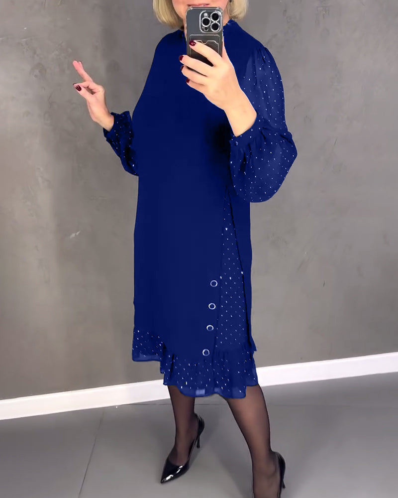 Długa sukienka w kropki z długim rękawem dla kobiet, elegancka, casualowa, do kolan, idealna na co dzień