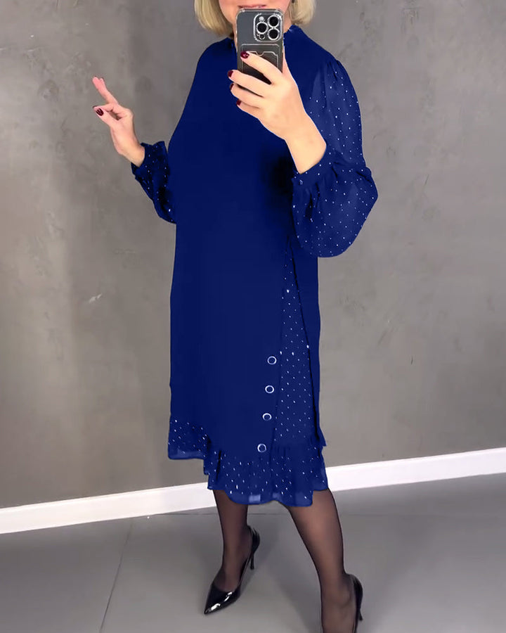 Długa sukienka w kropki z długim rękawem dla kobiet, elegancka, casualowa, do kolan, idealna na co dzień