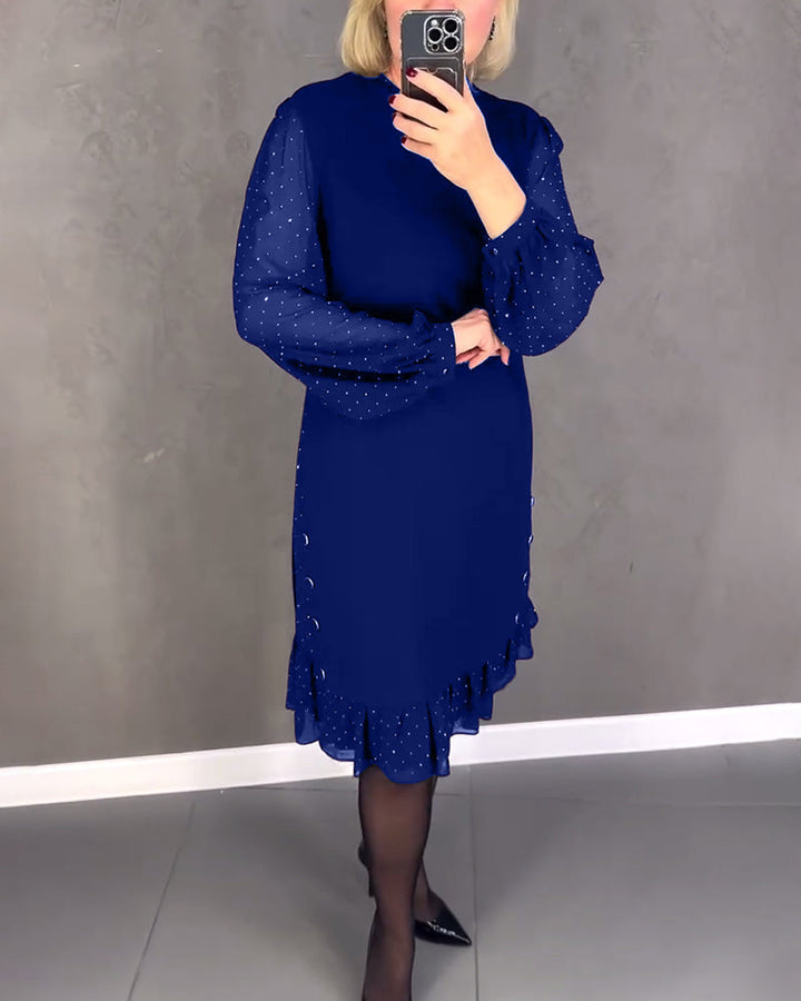 Długa sukienka w kropki z długim rękawem dla kobiet, elegancka, casualowa, do kolan, idealna na co dzień
