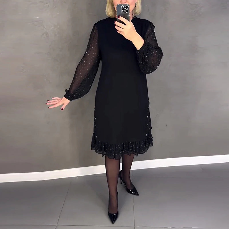 Długa sukienka w kropki z długim rękawem dla kobiet, elegancka, casualowa, do kolan, idealna na co dzień