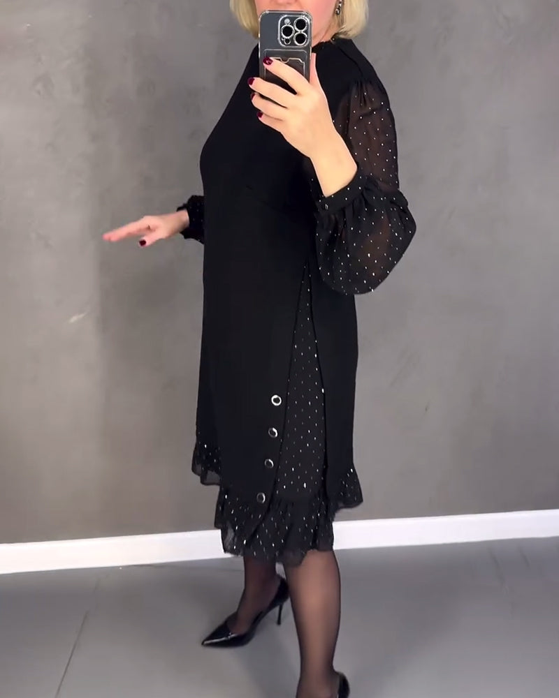 Długa sukienka w kropki z długim rękawem dla kobiet, elegancka, casualowa, do kolan, idealna na co dzień