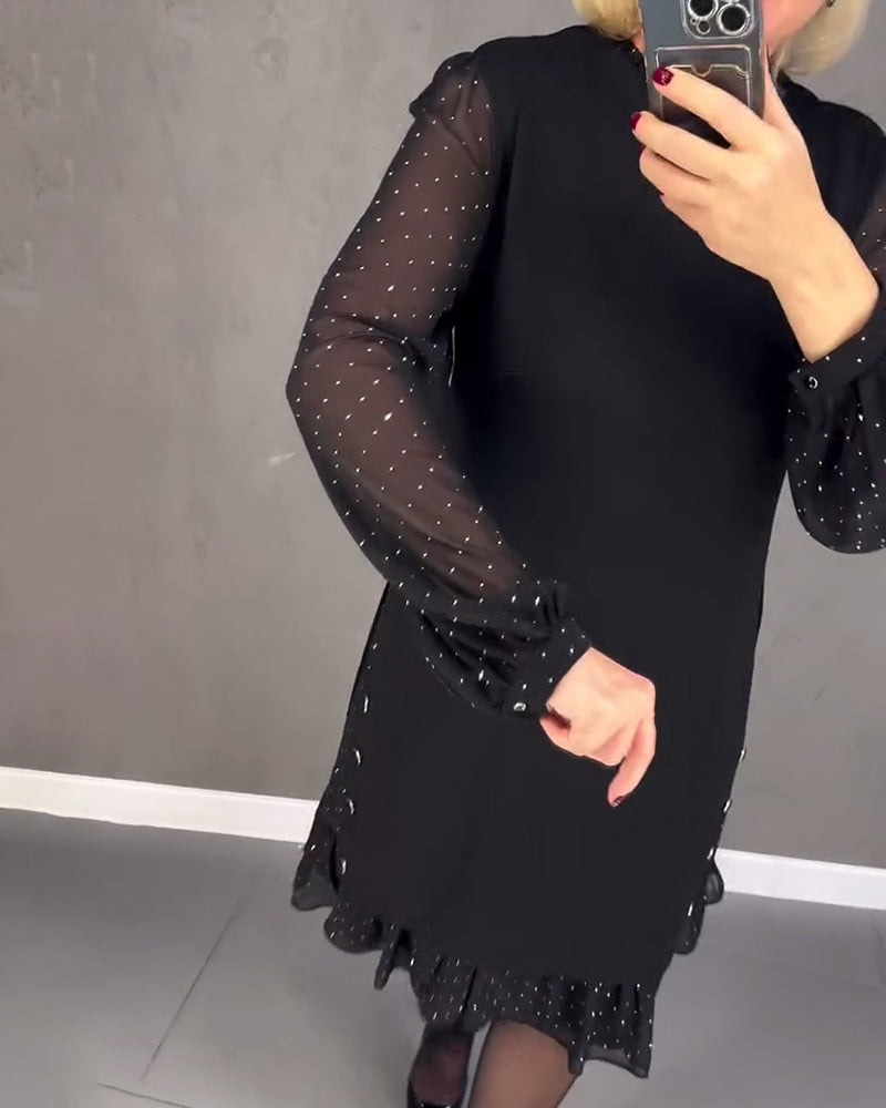 Długa sukienka w kropki z długim rękawem dla kobiet, elegancka, casualowa, do kolan, idealna na co dzień