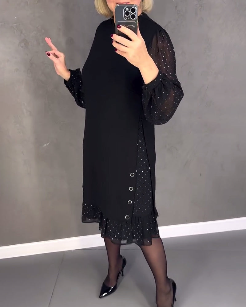 Długa sukienka w kropki z długim rękawem dla kobiet, elegancka, casualowa, do kolan, idealna na co dzień