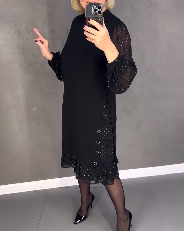 Długa sukienka w kropki z długim rękawem dla kobiet, elegancka, casualowa, do kolan, idealna na co dzień