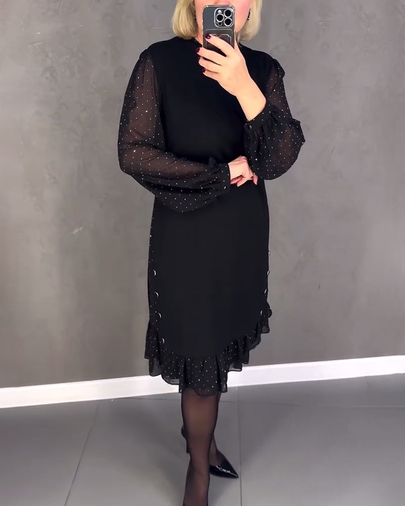 Długa sukienka w kropki z długim rękawem dla kobiet, elegancka, casualowa, do kolan, idealna na co dzień