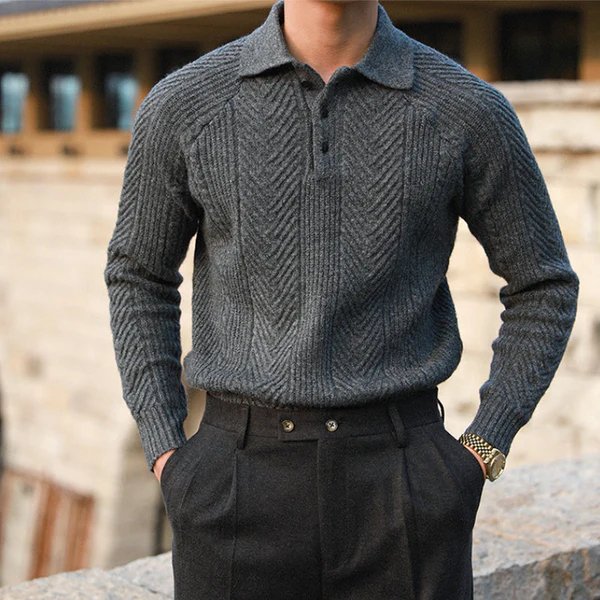 Męski Sweter Dzianinowy z Kołnierzem – Ciepły, Wygodny, Stylowy, Teksturowany, Smart Casual, Codzienny Krój