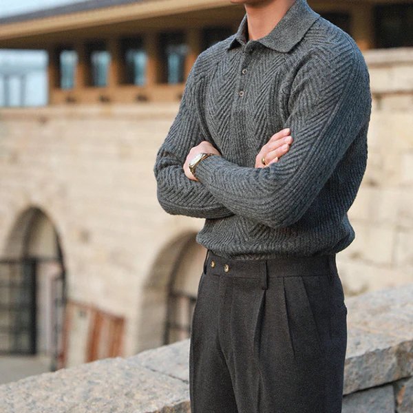 Męski Sweter Dzianinowy z Kołnierzem – Ciepły, Wygodny, Stylowy, Teksturowany, Smart Casual, Codzienny Krój