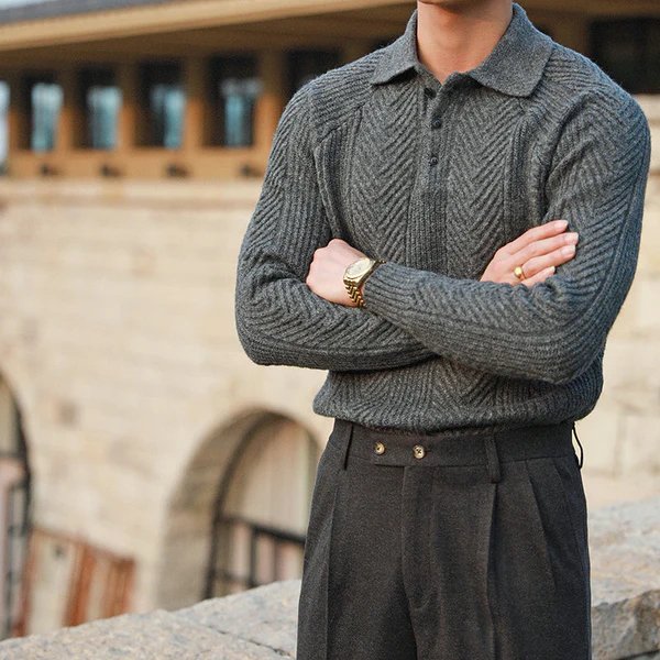Męski Sweter Dzianinowy z Kołnierzem – Ciepły, Wygodny, Stylowy, Teksturowany, Smart Casual, Codzienny Krój