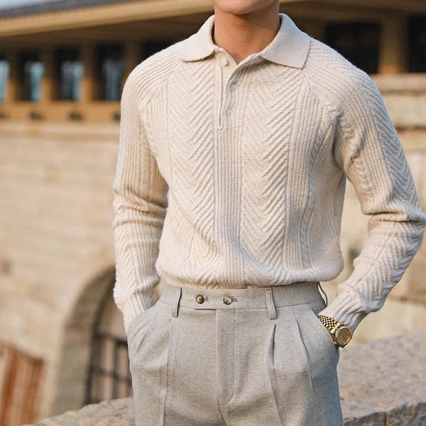 Męski Sweter Dzianinowy z Kołnierzem – Ciepły, Wygodny, Stylowy, Teksturowany, Smart Casual, Codzienny Krój