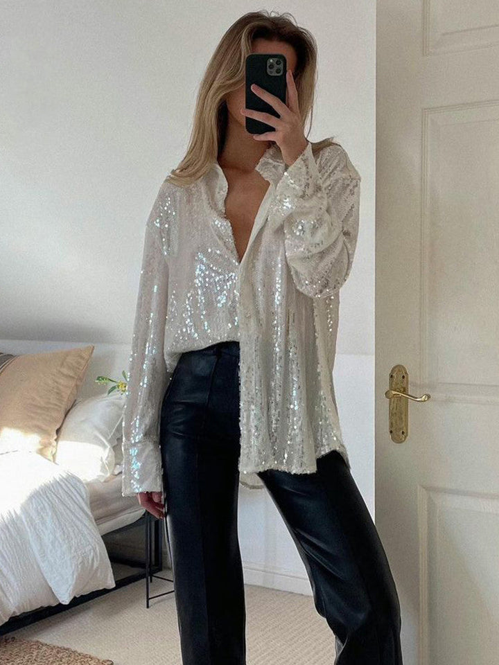 Koszula Bluzka z Dżetami w Stylu Oversize dla Kobiet, Błyszcząca, z Długim Rękawem, Idealna na Przyjęcia