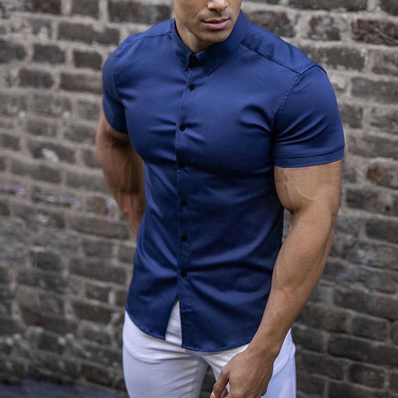 Męska koszula casualowa slim fit z krótkim rękawem i guzikiem
