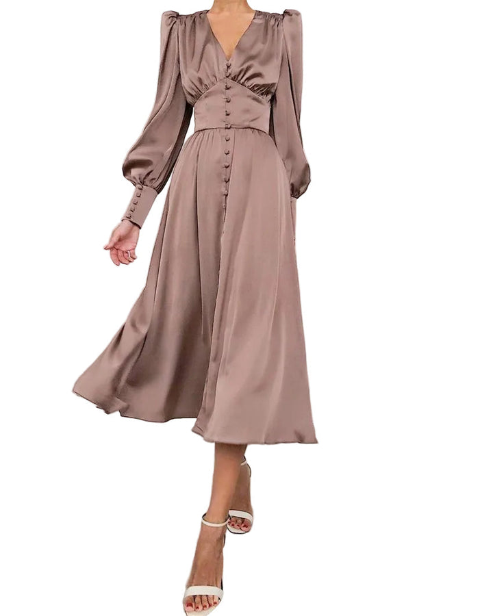 Elegancka Midi Sukienka z Guzikami i Zgromadzonymi Rękawami