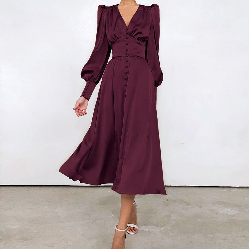 Elegancka Midi Sukienka z Guzikami i Zgromadzonymi Rękawami