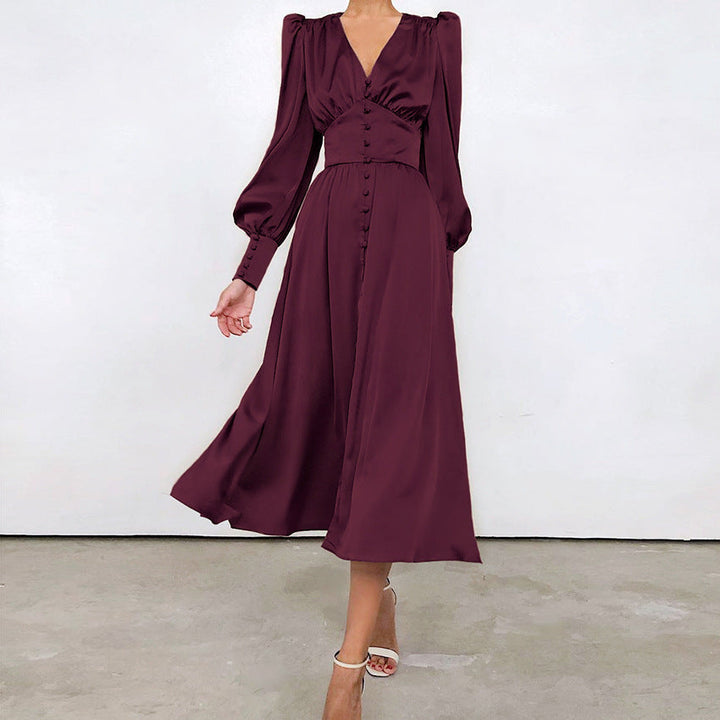 Elegancka Midi Sukienka z Guzikami i Zgromadzonymi Rękawami