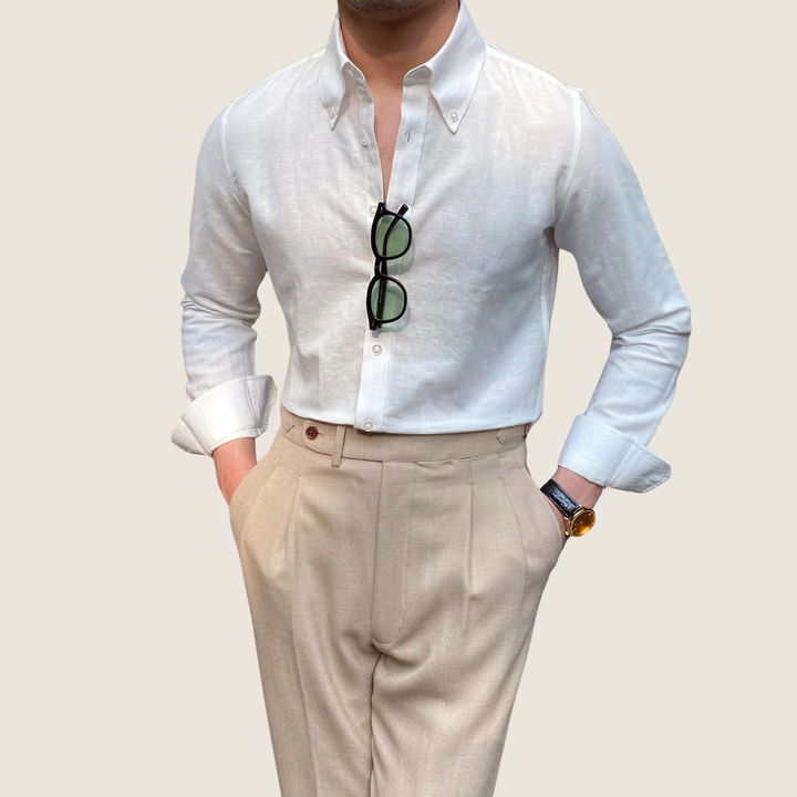 Męska koszula slim fit z guzikami – Długi rękaw w stylu smart casual na letnie ubrania do pracy