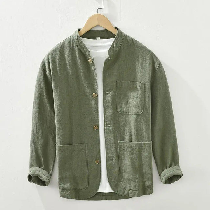 Męska koszula overshirt z kołnierzem stojącym – Luźna letnia kurtka z guzikami i kieszeniami naszytymi