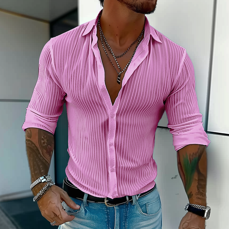 Męska Letnia Koszula w Lekkim Stylu z Prążkowanym Wzorem – Slim Button-Up na Randki i do Miasta
