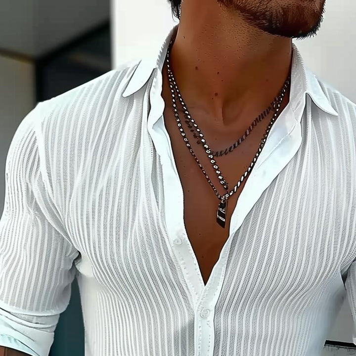 Męska Letnia Koszula w Lekkim Stylu z Prążkowanym Wzorem – Slim Button-Up na Randki i do Miasta
